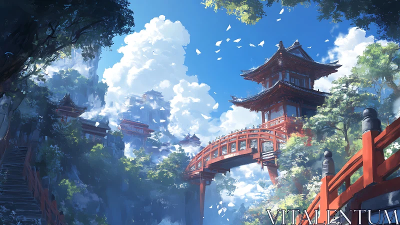 Mountain temple complex with red bridge under clear sky.