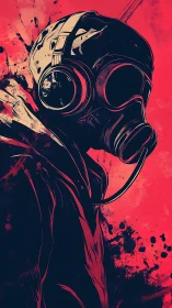 Gas mask figure rendered in high-contrast red and black vector