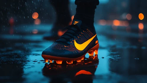 Neon-lit football boots blaze across a rain-slicked city street.