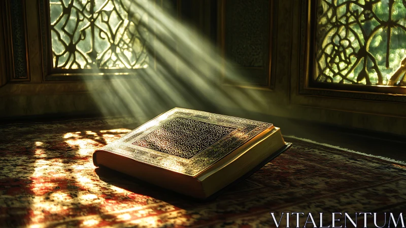 Illuminated Quran rests in mosque window’s golden light.