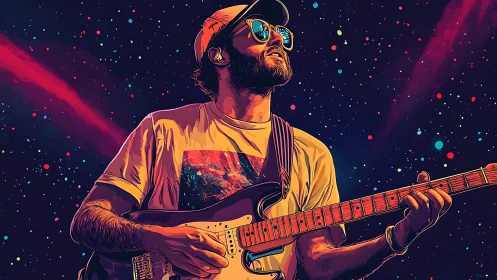 Starlit guitarist ignites neon cosmos with electric chords.