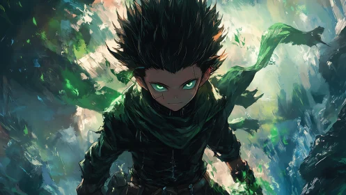 Storm-eyed forest prodigy charging through painted chaos.