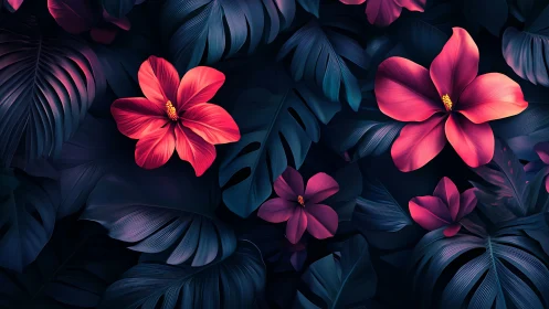 Neon Floral Composition: Luminescent Petals Against Deep Tonal Foliage.