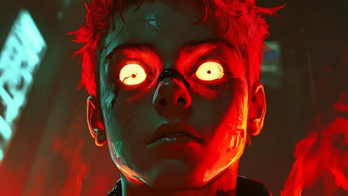 Cyberpunk neon portrait with incandescent ocular augmentation.