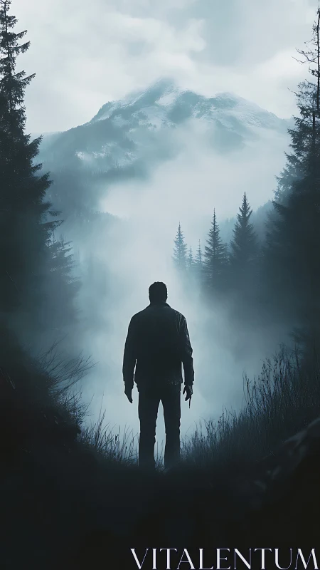 Silhouette of solitary figure before mist-covered mountains.