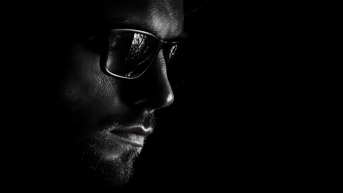 Low key male portrait in side profile with reflective glasses