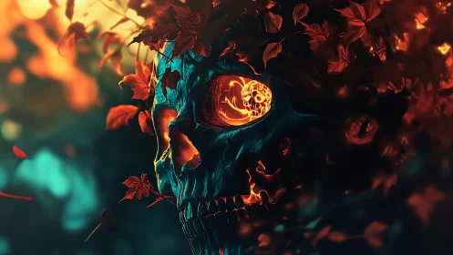 Burning skull blooms through autumn leaves and shadowed fire.