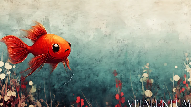 Orange stylized fish swims left in textured aquatic setting