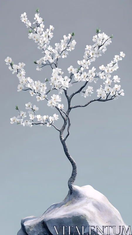Botanical minimalism: sculpted white blossom tree on stone peak.