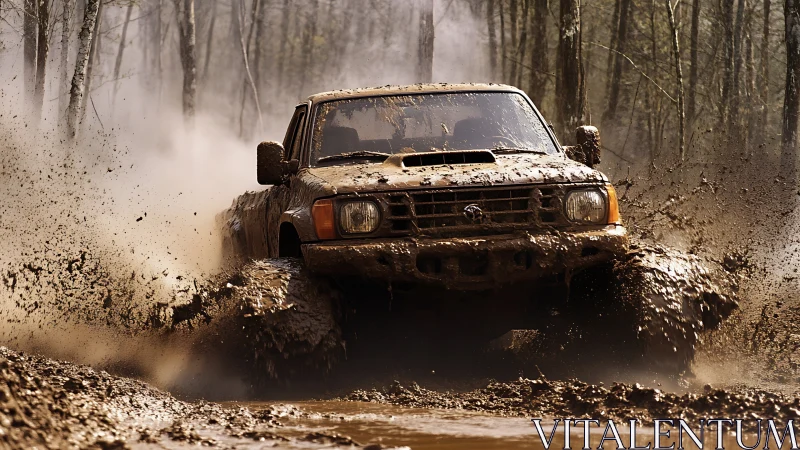 Off road truck powers through muddy forest track at speed