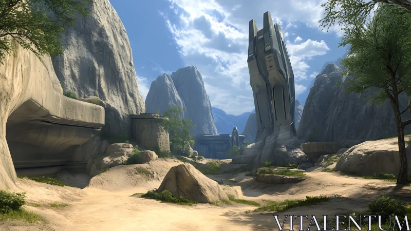 Monolithic sci-fi tower rises over sunlit desert canyon.