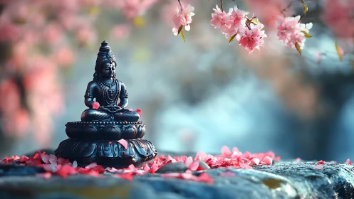 Bronze Buddha statuette on lotus base under soft sakura bokeh