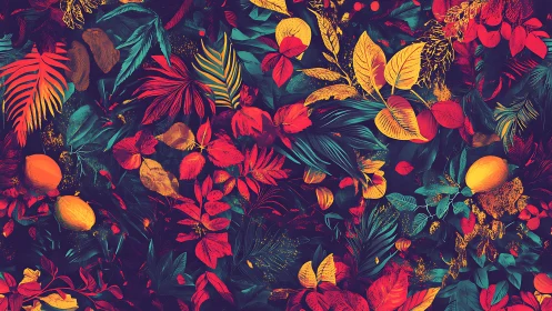 Neon tropical foliage pattern pulses across dark jungle field