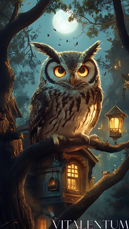 Moonlit owl sentinel above glowing forest treehouse at dusk.