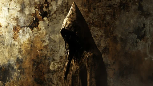 Hooded horror figure looms against decayed stained wall.