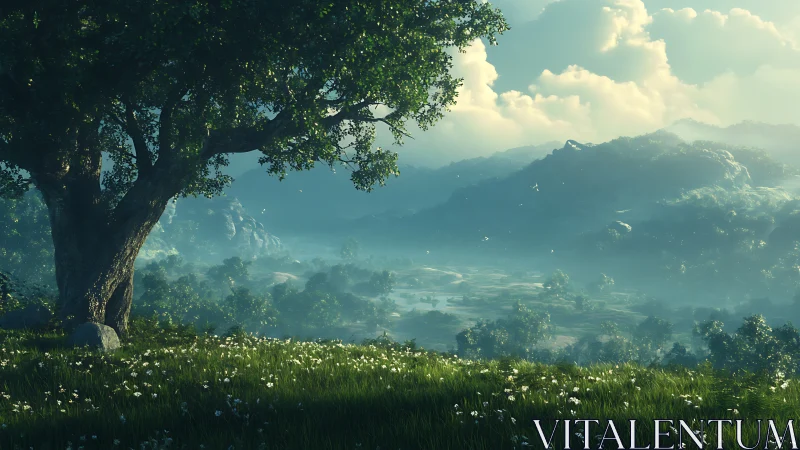 Digital landscape under ancient tree with atmospheric depth.