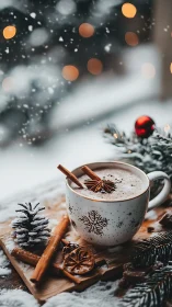 Snow-dusted cocoa cup whispers warmth into winter air