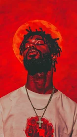 Crimson halo portrait with contemplative upward gaze figure.