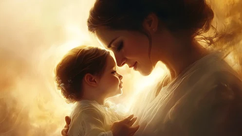 Mother and child embrace in ethereal golden light.