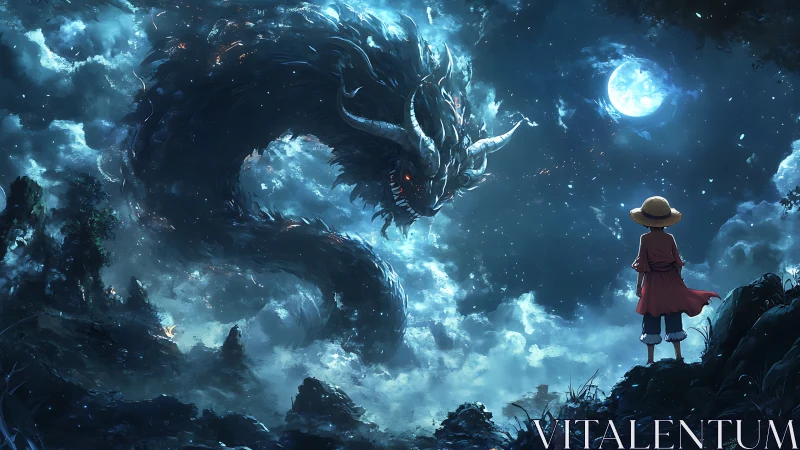Human figure confronts massive celestial dragon under moonlit sky
