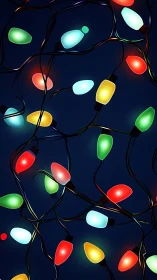 Digital painting of tangled multicolor festive string lights.