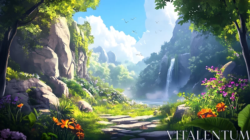 Lush valley path leading to distant waterfall and lake.