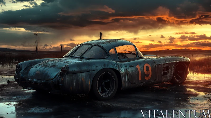 Weathered racing coup&eacute; under storm-tinted marshland sunset.