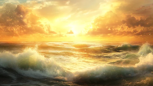 Golden sunset waves crash under radiant, glowing clouds at sea