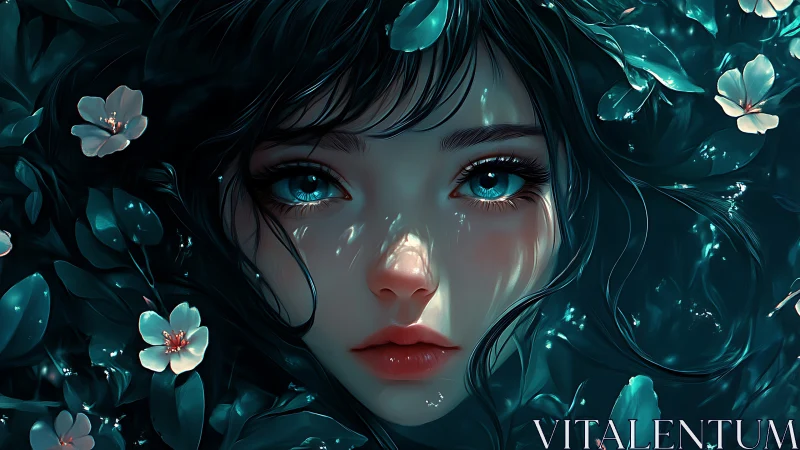 Nocturnal floral portrait with luminous teal-eyed maiden.