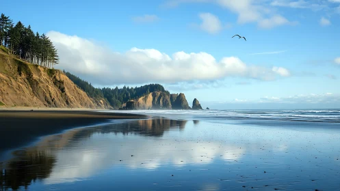 Tidal mirror coast where cliffs, clouds and sky converse softly.
