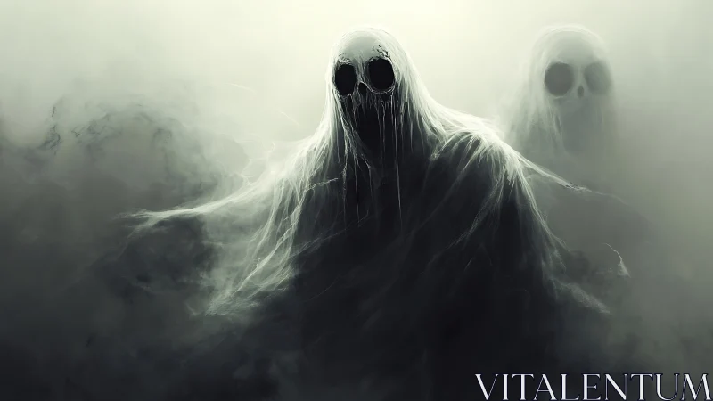Shrouded wraiths drift through dense fog in spectral gloom
