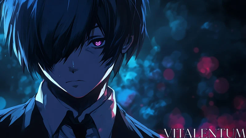 Brooding neon-eyed boy in a twilight storm of colors.