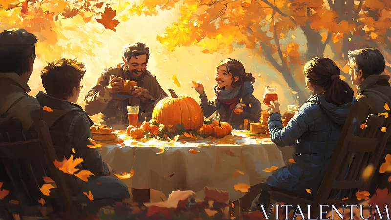 Golden leaves circle laughter around a glowing autumn feast