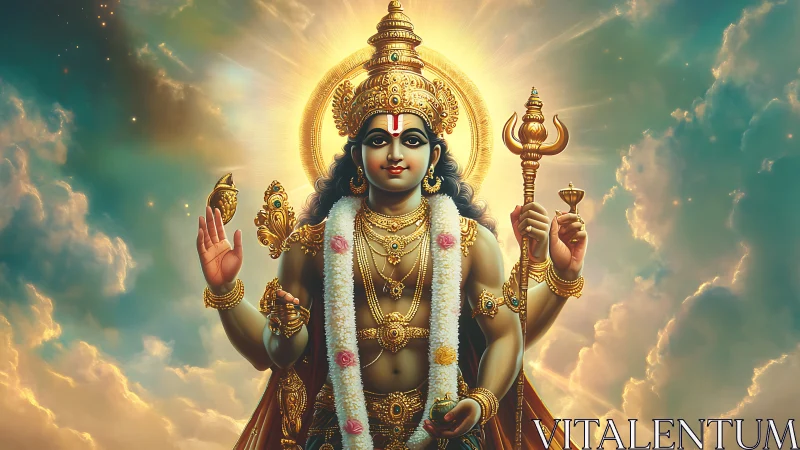 Hindu deity with four arms stands amid glowing clouds and light