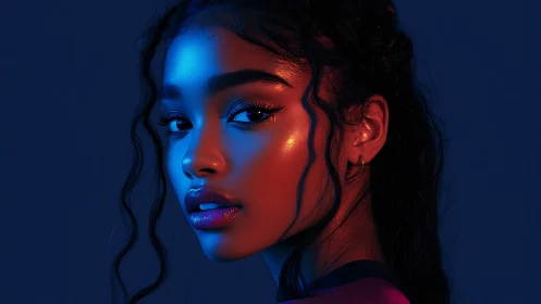 Neon-lit portrait of young woman in cinematic blue and red glow.