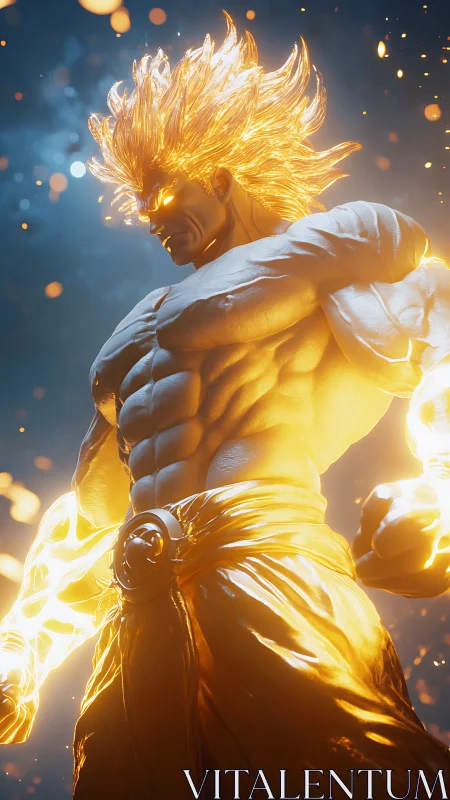 Flaming golden warrior radiates power in fiery night sky