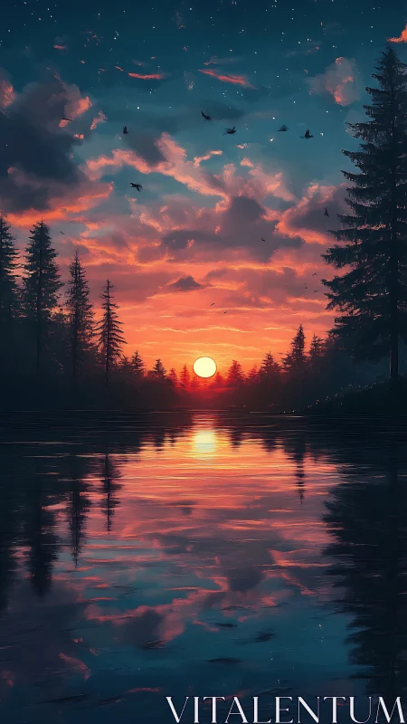 Digital sunset over conifer forest reflected in still lake