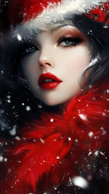 Snowy red-clad woman gazes forward in winter night