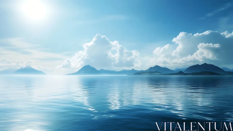 Radiant maritime horizon with volumetric clouds and islands.