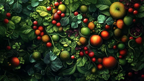 Colorful digital still life of mixed fruits in dense leaves.