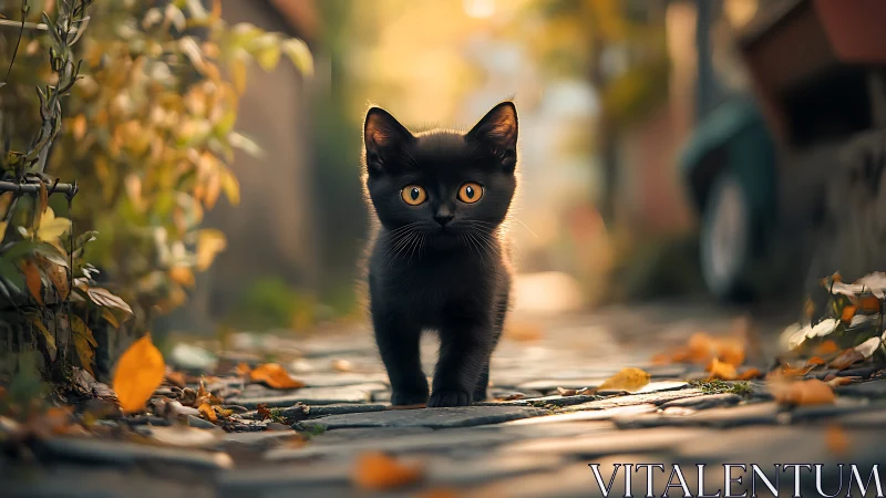 Curious Black Kitten's Gentle Autumn Adventure.
