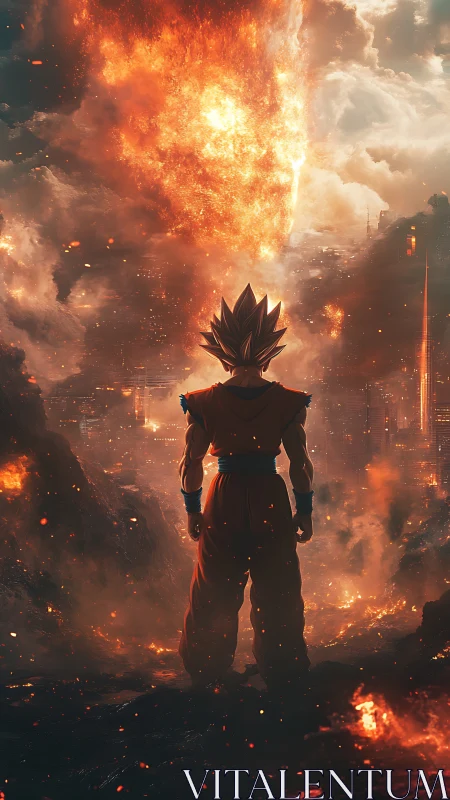 Silhouetted spiky-haired figure before vertical fire column.