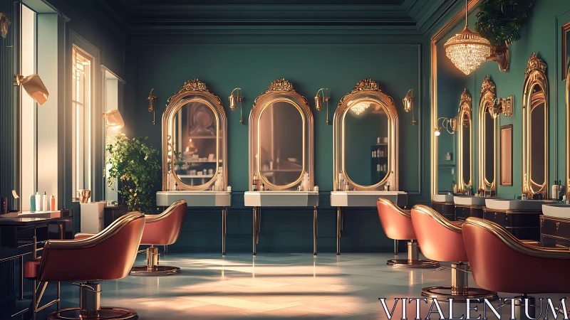 Velvet salon morning in teal and gold, waiting for whispers.