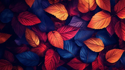 Vibrant autumn leaves glow with deep blue contrast.