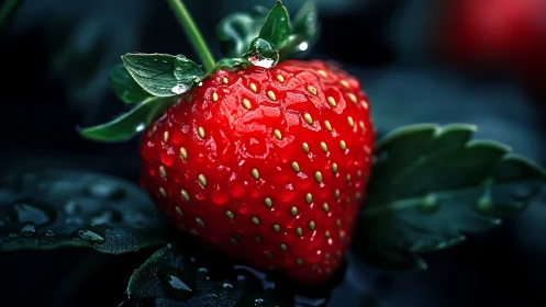 Macro view of ripe strawberry with water drops in focus.
