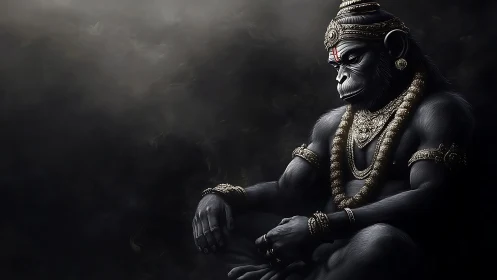 Serene warrior monkey deity in dark atmospheric space.