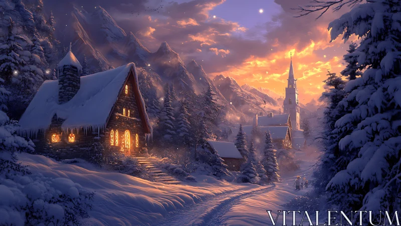 Digital painting of alpine winter village at golden hour.
