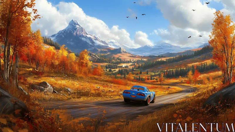 Blue cartoon car on autumn mountain road landscape.
