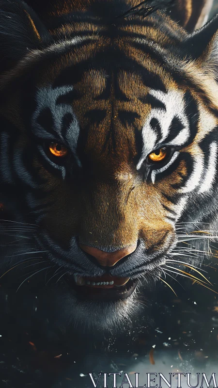 Burning-eyed tiger emerges from shadows in cinematic focus