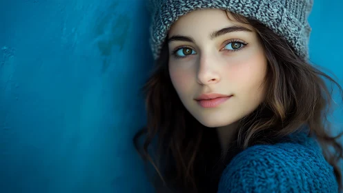 Photorealistic portrait with teal tonal field and soft focus depth.